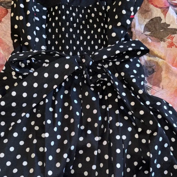 Cute Pinup Rockabilly Black and White Polka Dot A Line Dress with Red Trim - Picture 10 of 16